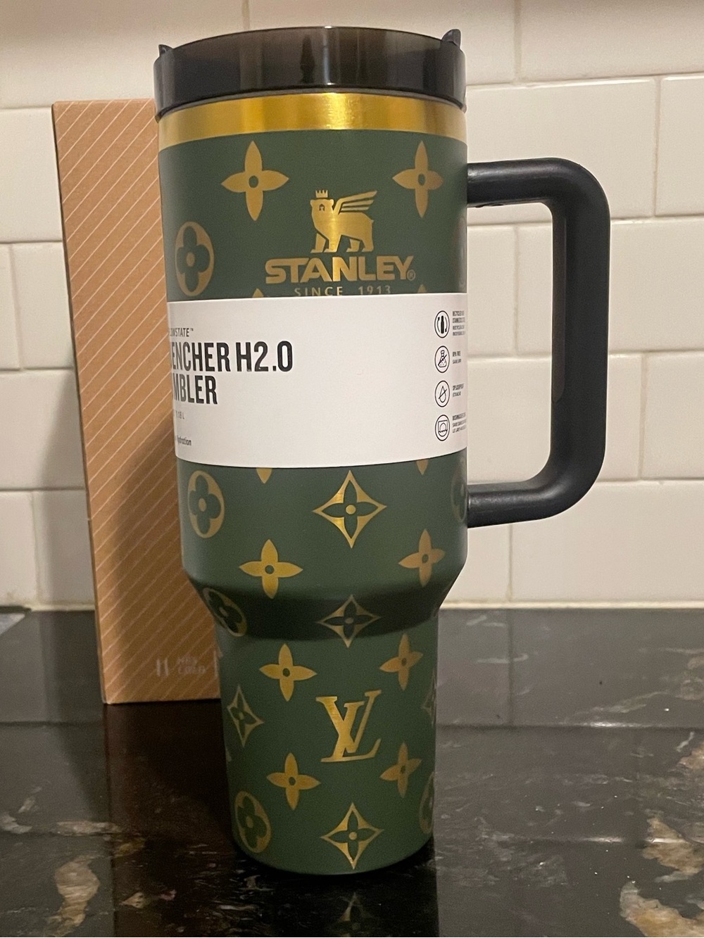 Stanley Green and Gold Patterned Travel Tumbler with Handle